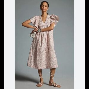 Anthropologie Maeve Sz Small Petite Printed Flutter-Sleeve Babydoll Dress